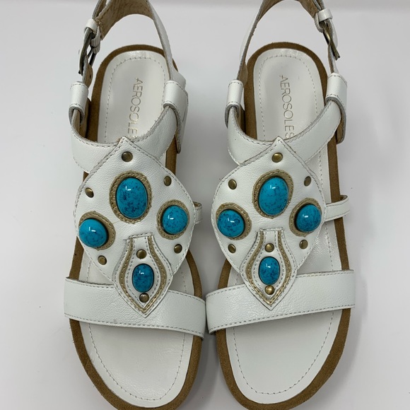 Aerosoles 9M Grand Jewel White Leather & Turquoise Jeweled Sandals shoes NEW - Picture 9 of 9